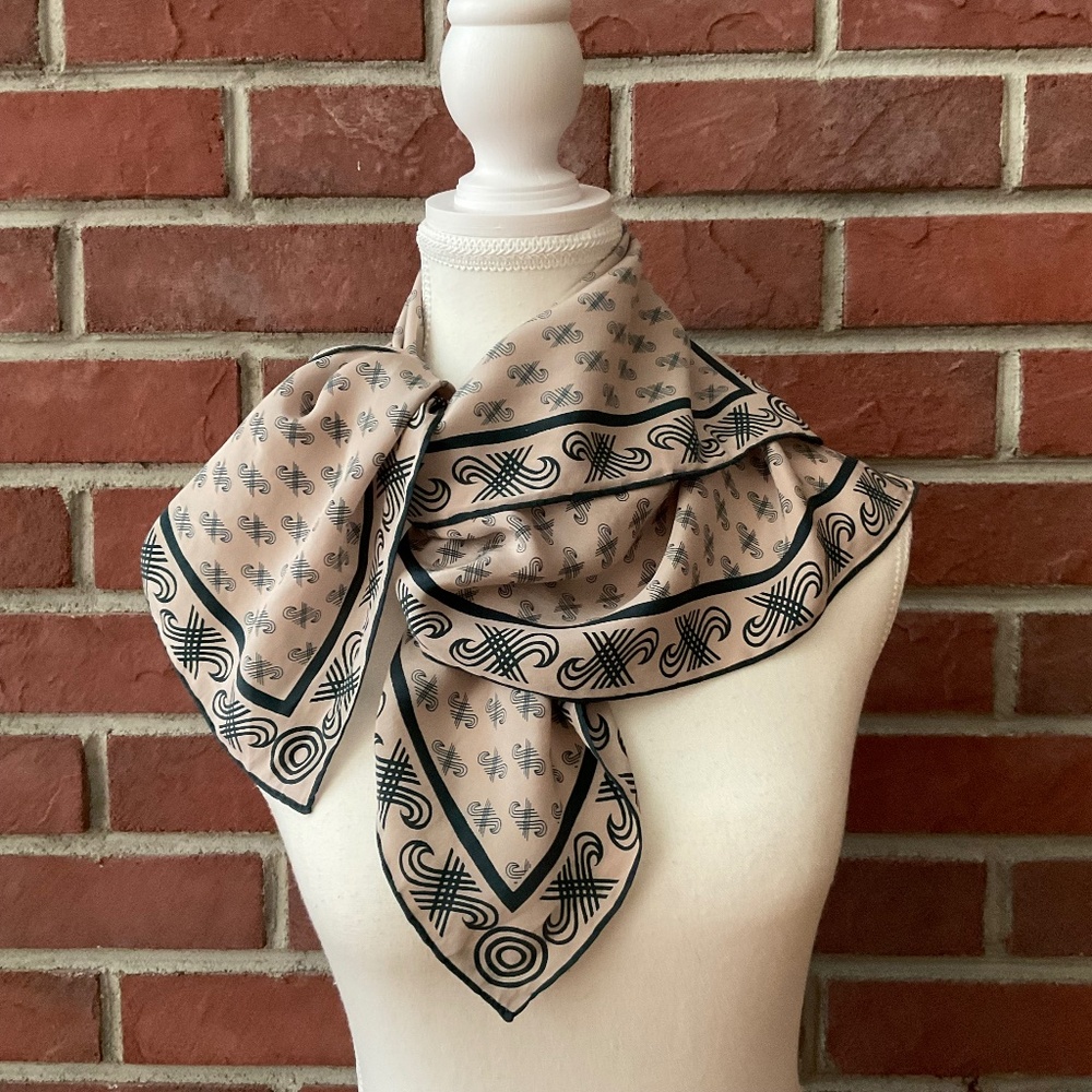 Vintage Jaeger Silk Geometric Print Beige Black Scarf 25”x26” Made in Italy